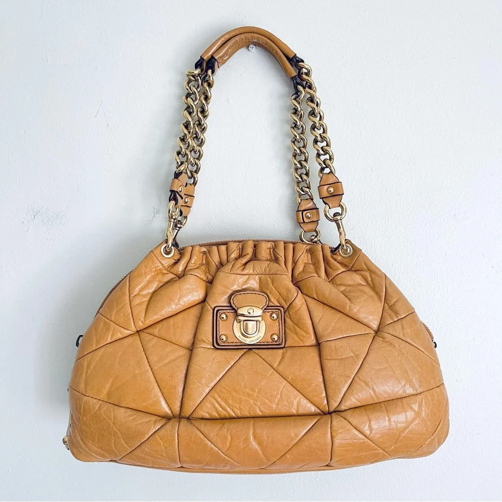 Marc Jacobs Lou Bowler Patchwork Quilted Leather Chain Strap Bag Tan - Picture 16 of 16
